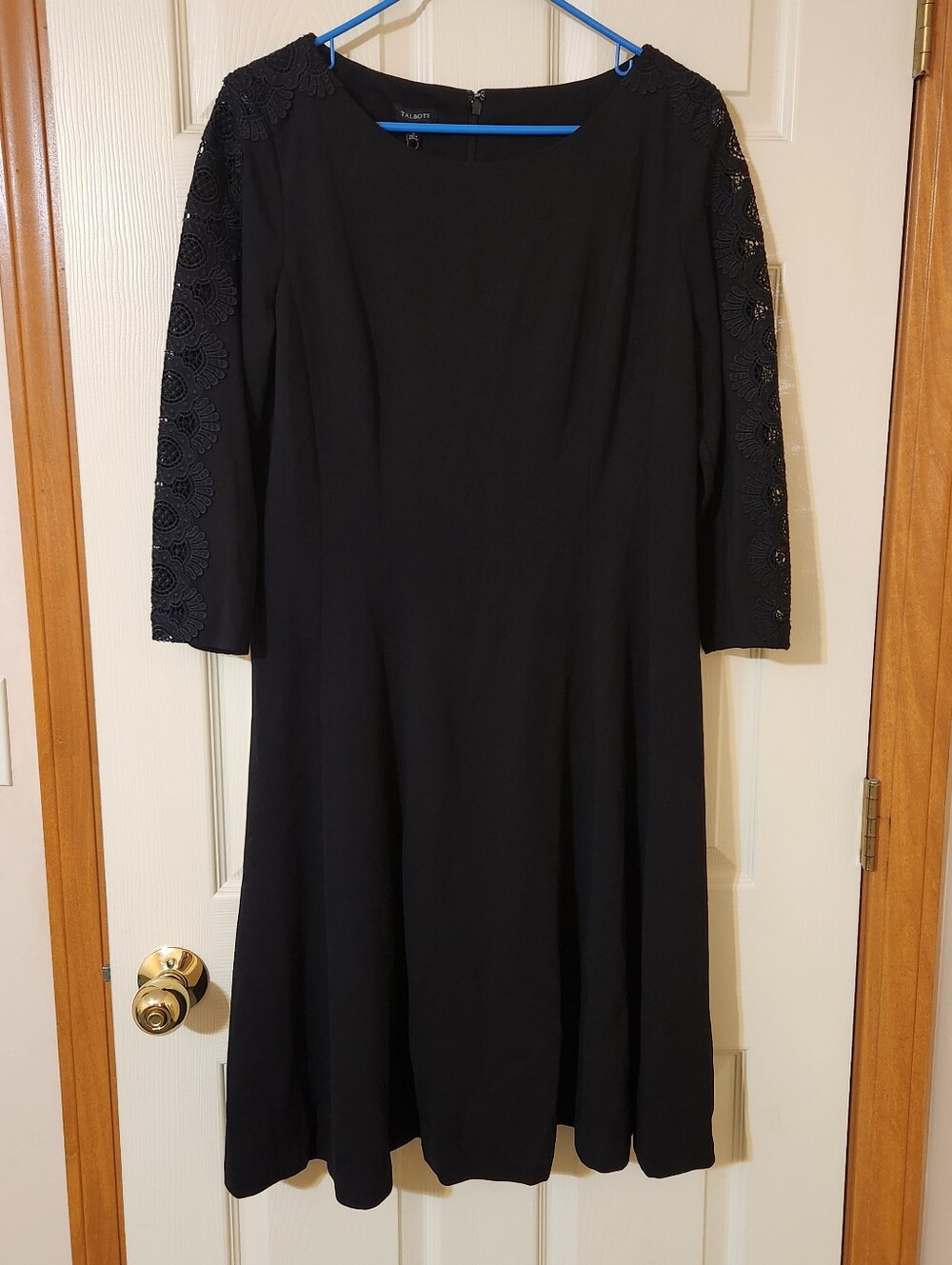 NWT Talbots Women's Size 12 Black Fit And Flare Dress Lace Floral Sleeve Detail